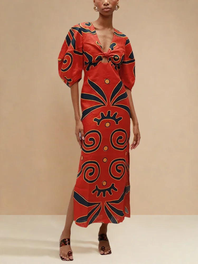 VEITCHE été femmes lin matériel longues robes mode Chic imprimé Sexy col en v évider taille haute robe de soirée dame robes