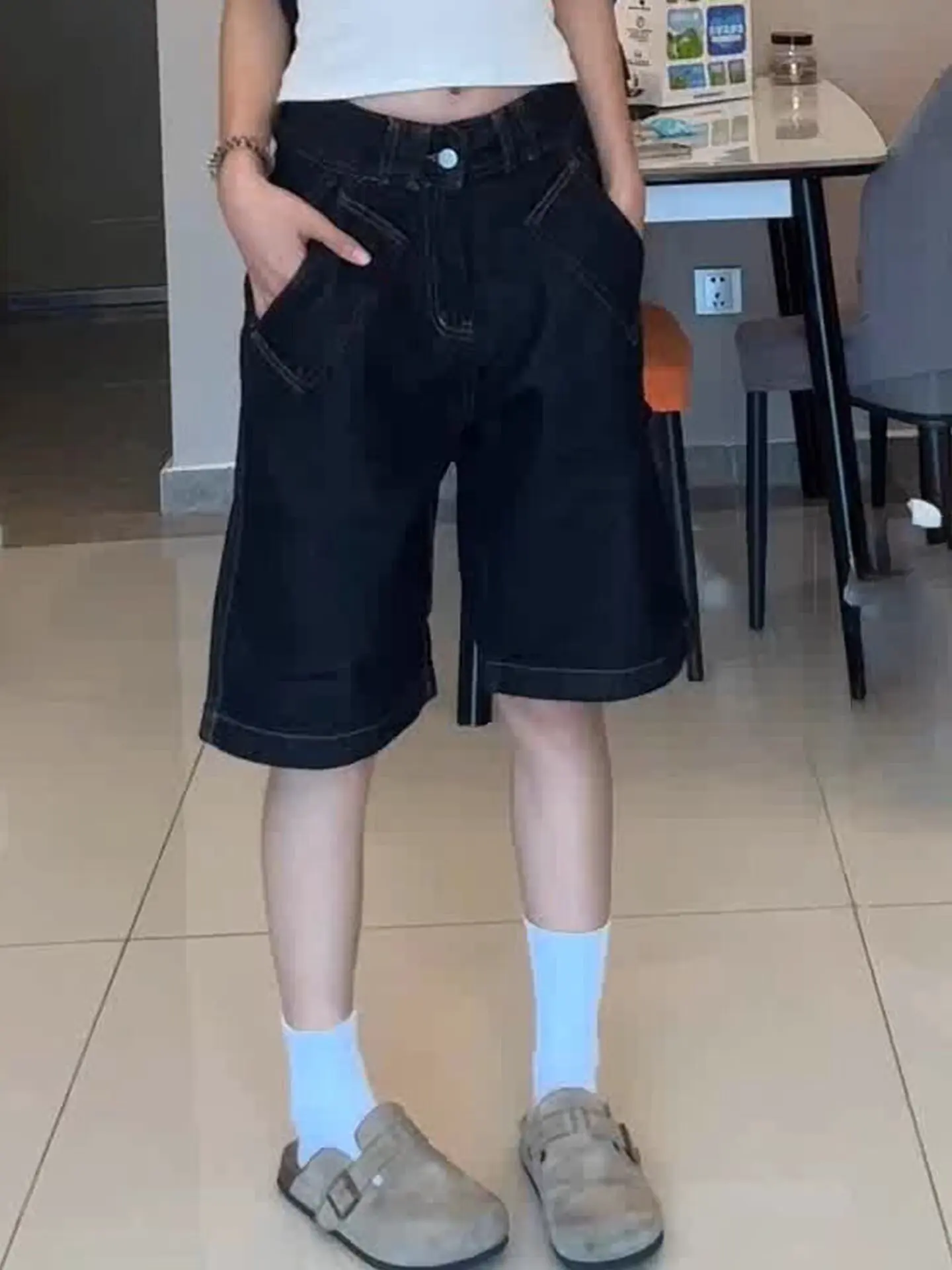 

Женские летние джинсовые шорты больших размеров в американском ретро-стиле, новые, с высокой талией, свободные, утягивающие, широкие, средней длины, до колена