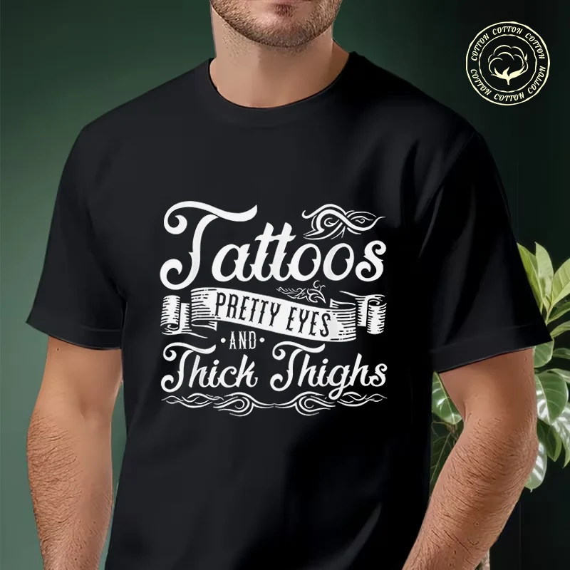 

Men T-shirt High Quality Funny Cotton Thigh Tattoo Inspiration Print Motorcycle Casual Cool Loose O-neck Male For Tees
