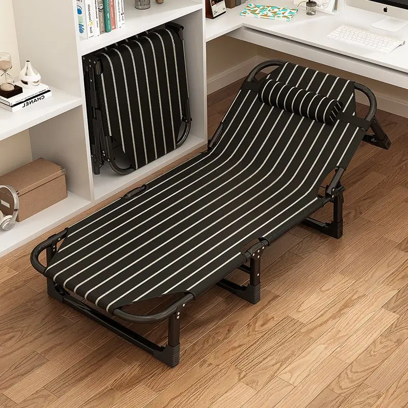 Portable Adjustable Folding Bed Black White Stripe Oxford Fabric Cot With Pillow For Office Nap Home Outdoor Use