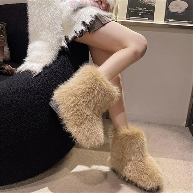 Winter Fuzzy Boots Women Furry Shoes Fluffy Fur Snow Boots Plush lining Slip-on Rubber Flat Outdoor Bowtie Warm Ladies Footwear