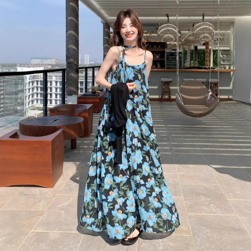 

Summer Blue Floral Dress Suspender Long Dress Seaside Vacation Beach Dress Super Fairy Travel Photo Freshness Fashion Elegance