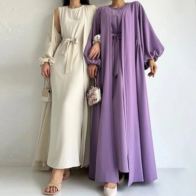 2 Piece Soft Nida Abaya Set Ramadan Balloon Sleeves Plus Size Kimono With Sleeveless Inner Dress Slip Solid Islamic Clothing