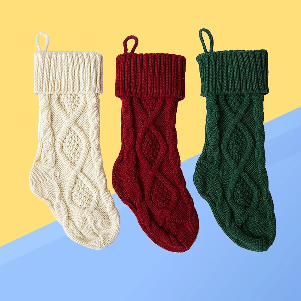 

3pcs 37Cm Knitted Christmas Stockings Rustic Hanging Decoration For Fireplace Tree Holiday Party Decor Purplish-Red Green White