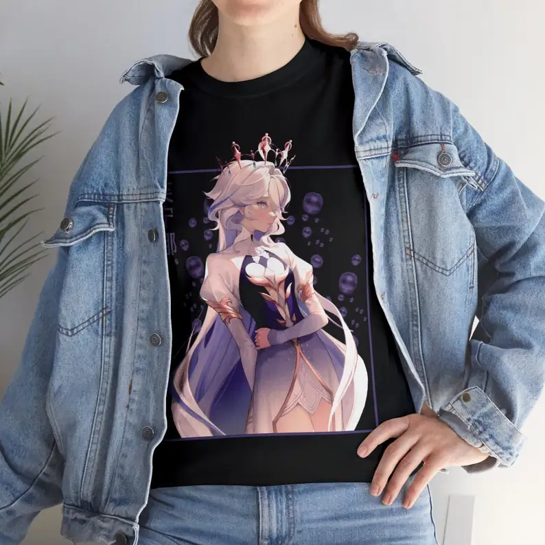

Furina Genshin ударная эстетика аниме Vaporwave унисекс Тяжелая хлопковая футболка