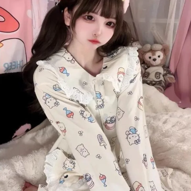 

Sanrio Hello Kitty Pajama Set Cartoon Women Home Wear New Long Sleeve Casual Kawaii Peter Pan Collar Outdoor Wearable Nightwear