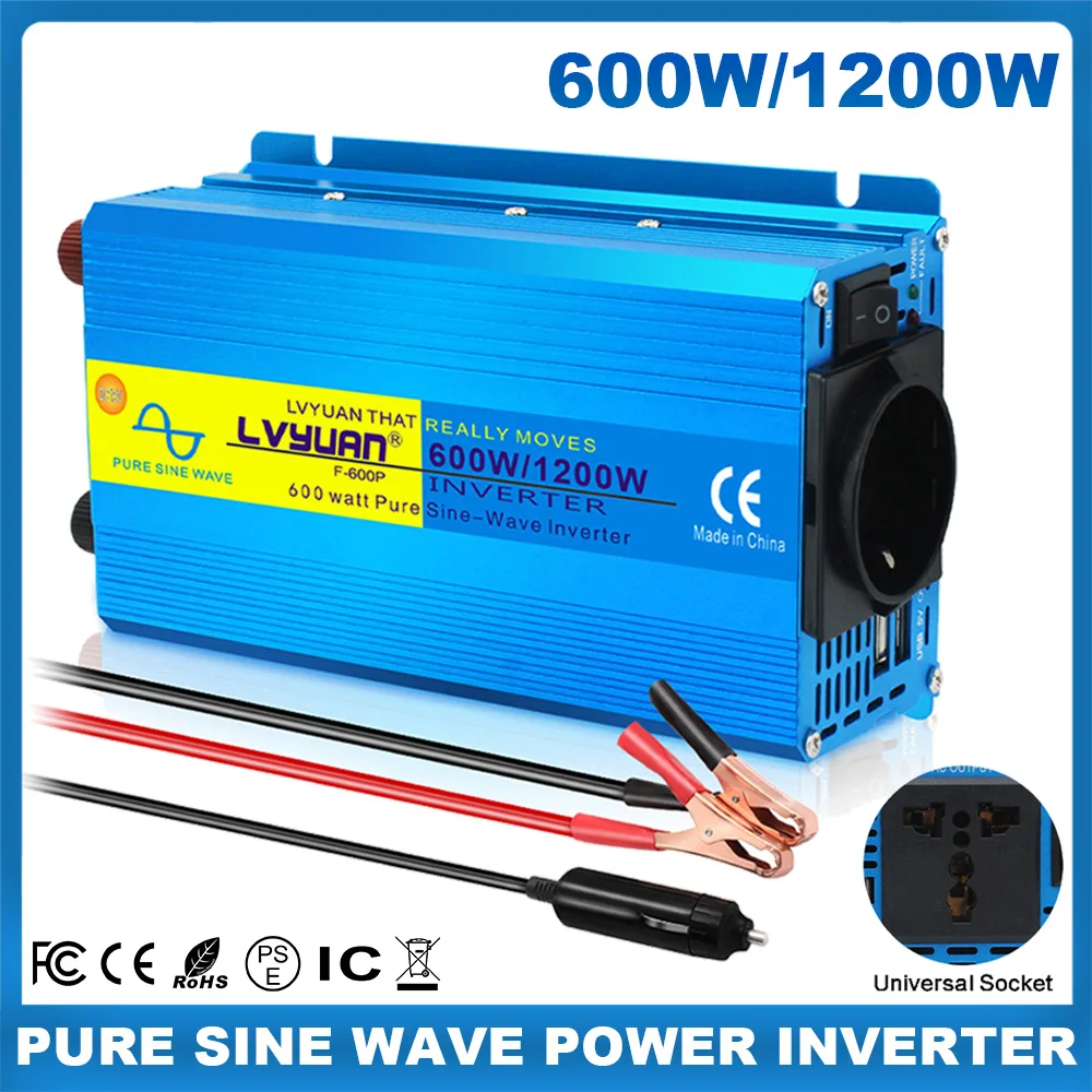 

600W/1200W Power Inverter DC 12V/24V to AC 220V Pue Sine Wave Dual USB Ports 50Hz/60Hz Car Converter for Home Camping Travel RV