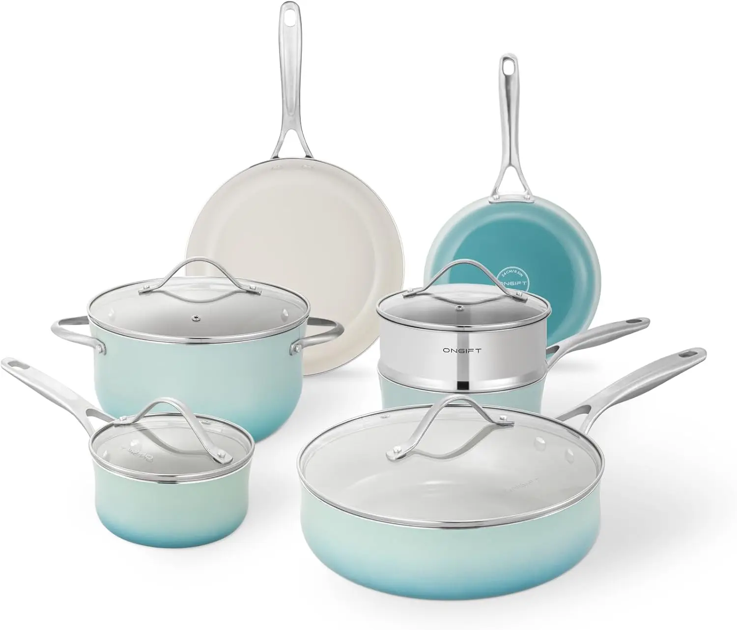 

11 Pieces Cookware Set Ceramic Nonstick Coated, Scratch-Resistant, PFAS, PFOA Free, Oven Safe, Rapidly & Evenly Heats,