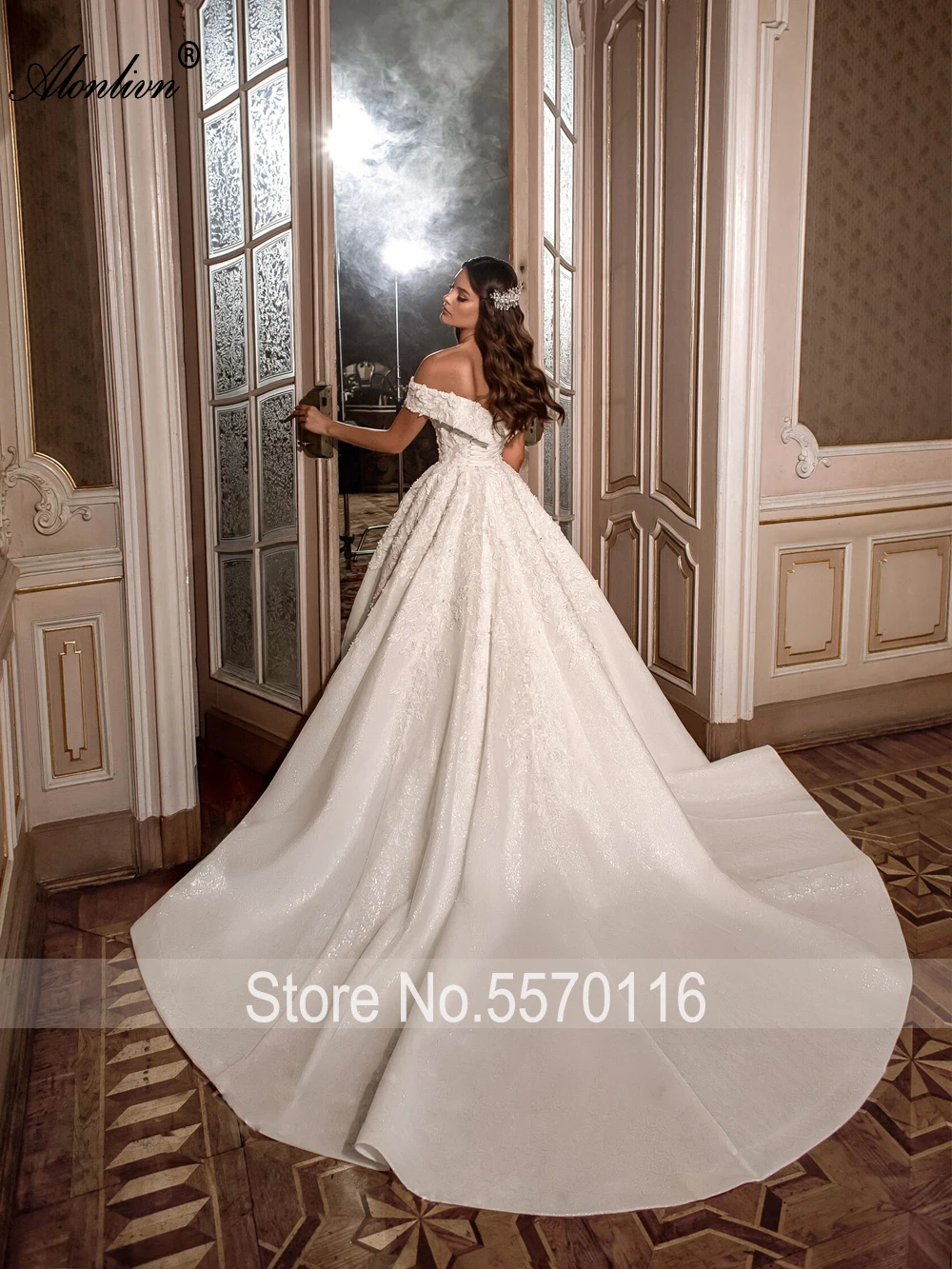 Alonlivn Luxury Beading Pearls Sweetheart A-Line Wedding Dresses Embroidery Appliques Lace Off Shoulder Sleeves Bridal Gowns