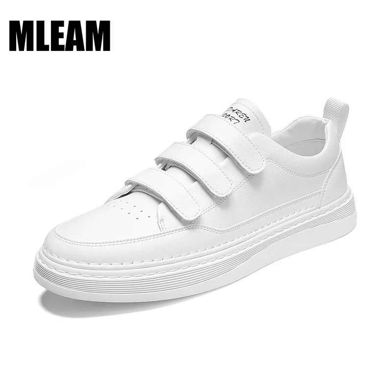 Men\'s Fashion Shoes 2022 Spring New All-Match Hook & Loop White Sneakers Men Leather Casual Shoes Male Korean Style Flats Shoes