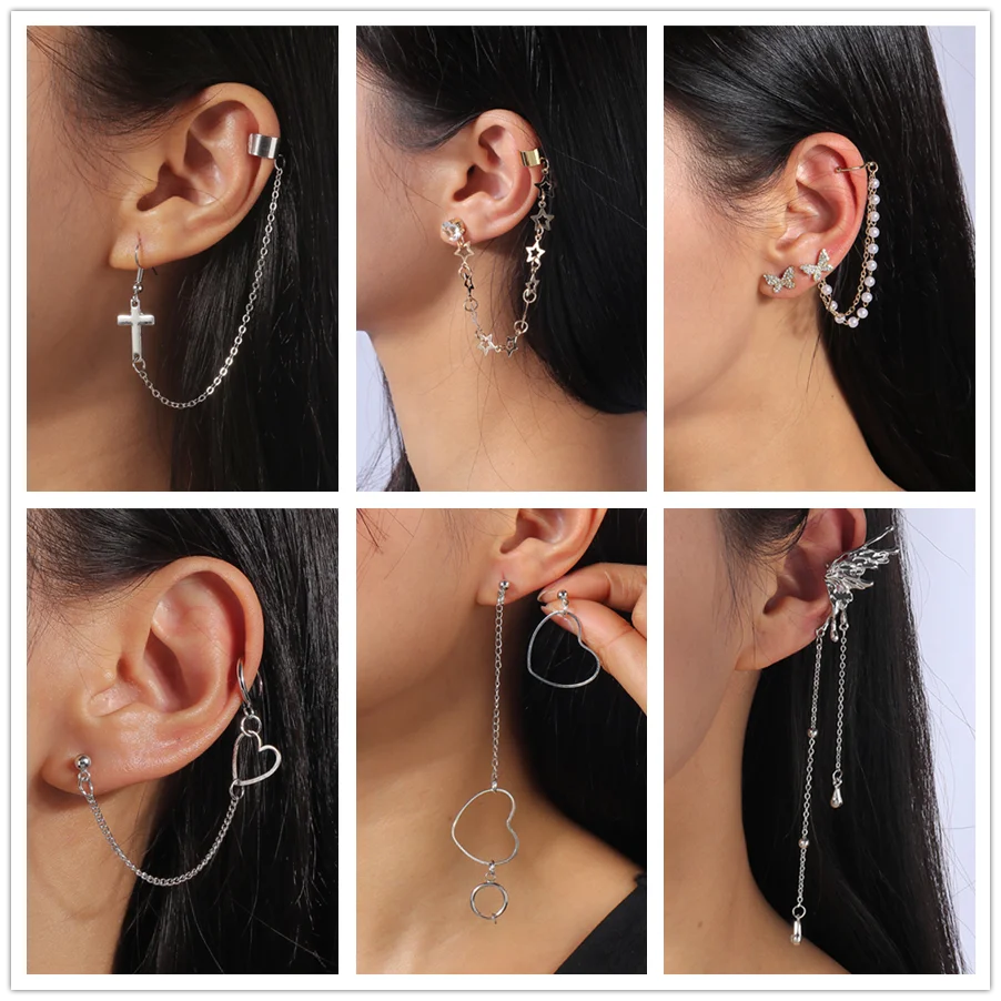 Aihua Summer Metal Cross Clip Earrings Butterfly Star Heart Stud Ear Cuff Earrings For Women Trendy Earrings Jewelry Bijoux
