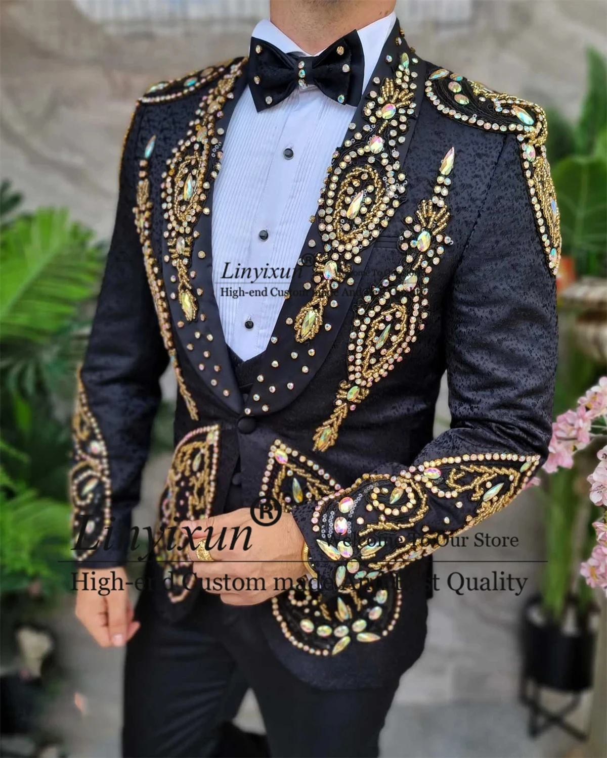 Luxury Jacquard Groom Tuxedos Gold Embroidered Stone Men Suits 3 Pieces Sets Male Dinner Prom Blazers Slim Fit Costume Homme