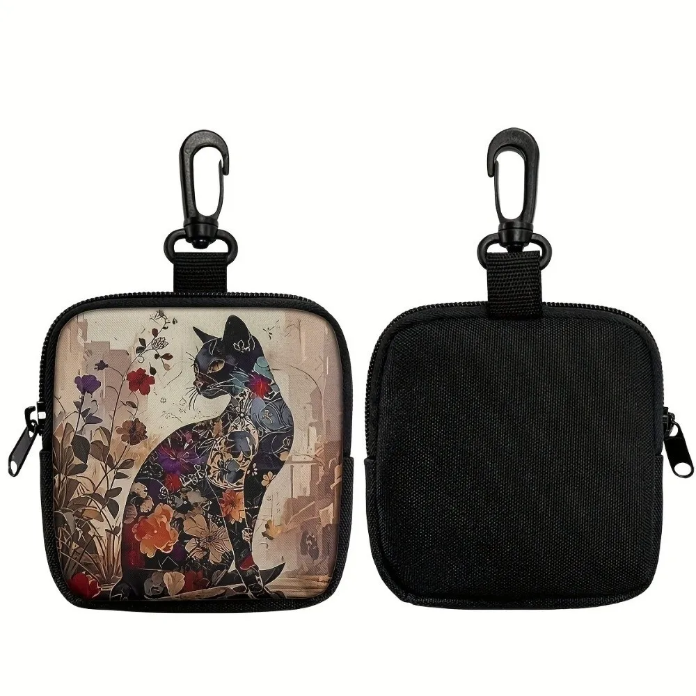 Durable Mini Coin Purse Cat Print Artificial Leather Wallet Lightweight Waterproof Zipper Storage Bag Friends Gift