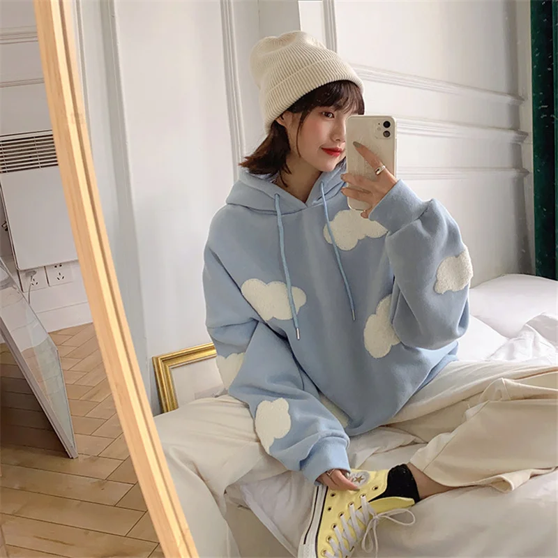 Autumn Winter Women Blue white cloud Hoodie Thick Warm Female Fleece Hoodies Oversize Sweatshirt Top Ladies  Hooded Top coat