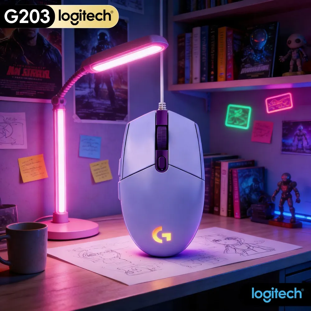 Logitech G203 Wired Gaming Mouse Multiple Sensitivity Gears Glowing RGB Anti‑Slip Feet USB Plug‑And‑Play Pc