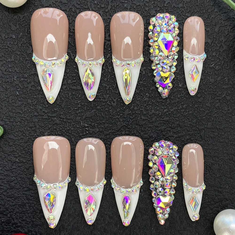 

Gorgeous Rhinestone Covered Decoration French Handmade Nails Press on 10PCS Salon Quality Glossy Stiletto Artificial Fingernails