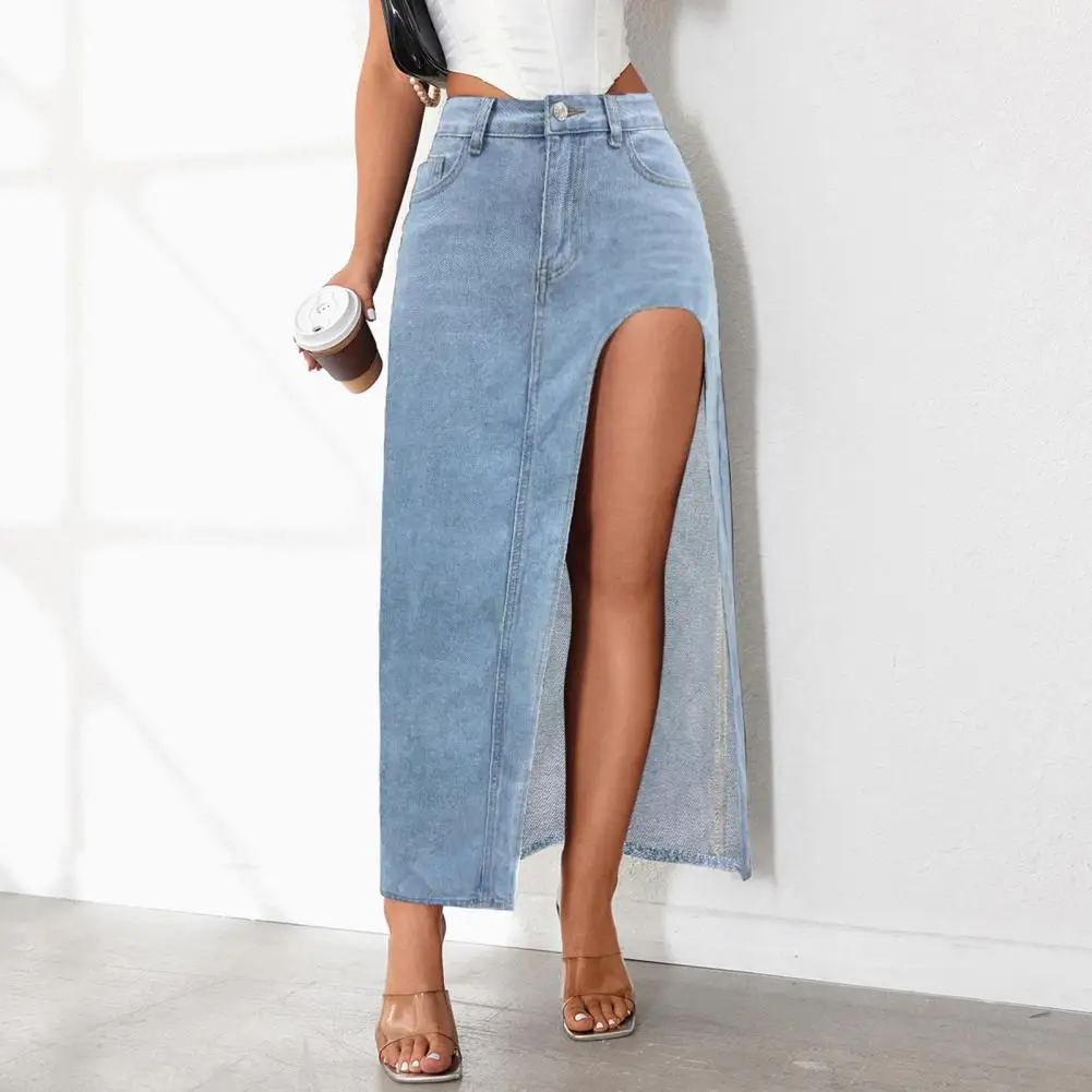 

High Waist Long Skirt Denim Maxi Skirt with High Waist Side Slit Design Solid Color Washed Long Skirt with Pockets for Women