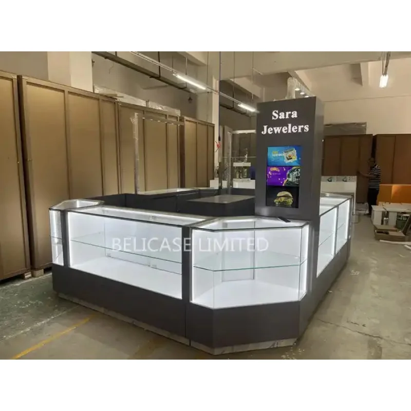 Custom, High End Necklace Jewelry Glass Showcase Display Cabinet Wooden Shopping Mall Decoration Jewelry Kiosk Design