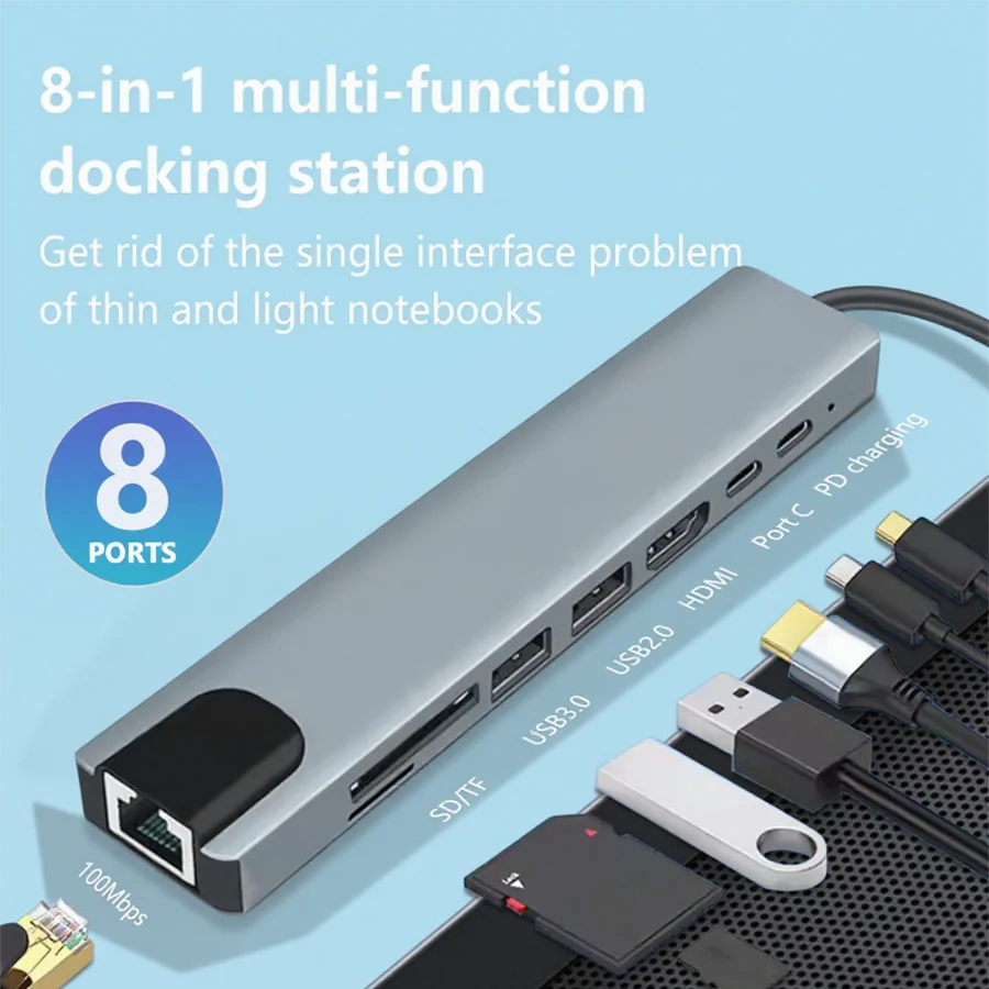 

Многофункциональная док-станция USB C-концентратора 8 в 1, док-станция типа C с SD/TF USB-портом HDMI C, зарядка PD, совместимая с ноутбуком MacBook