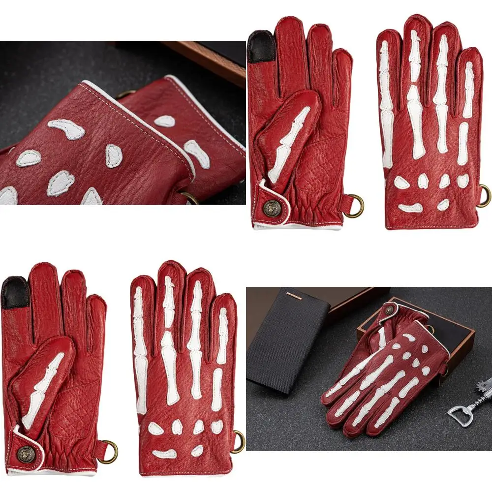 

Мужские мотоциклетные перчатки из оленьей кожи с нескользящим дизайном скелета и теплая подкладка для зимней езды