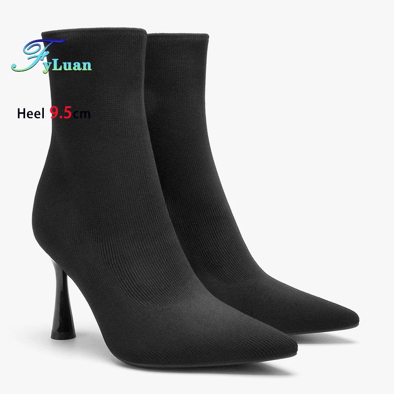 

Ботинки-носки из эластичной вязаной ткани, остроконечные ботильоны на шпильке 9,5 см, элегантные женские черные туфли, новинка 2025, весенние короткие сапоги