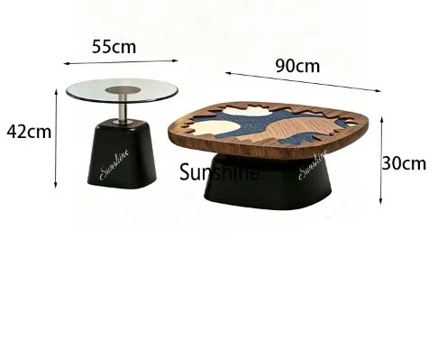 Italian minimalist special-shaped wood grain coffee table glass countertop round coffee table combination