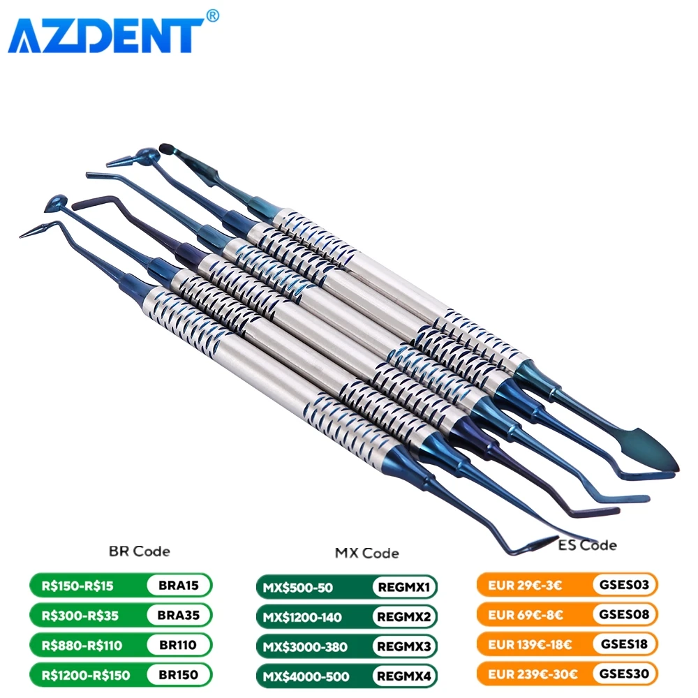 AZDENT 6 sztuk szpatułka do napełniania kompozytu dentystycznego narzędzia stal nierdzewna tytanowe poszycie gruby uchwyt żywica napełnianie