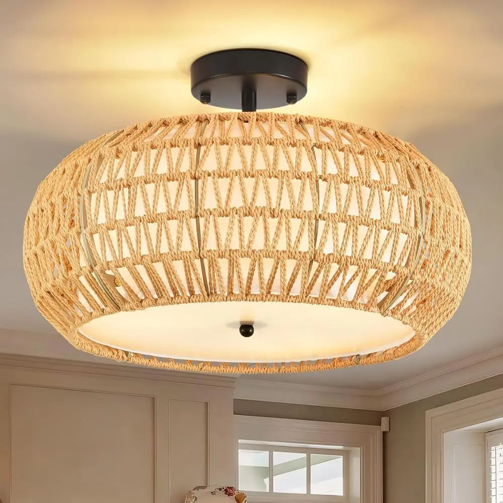 

17.8 Woven Rattan 3-Light Ceiling Fixture for Hallway, Bedroom, Kitchen, and Living Room