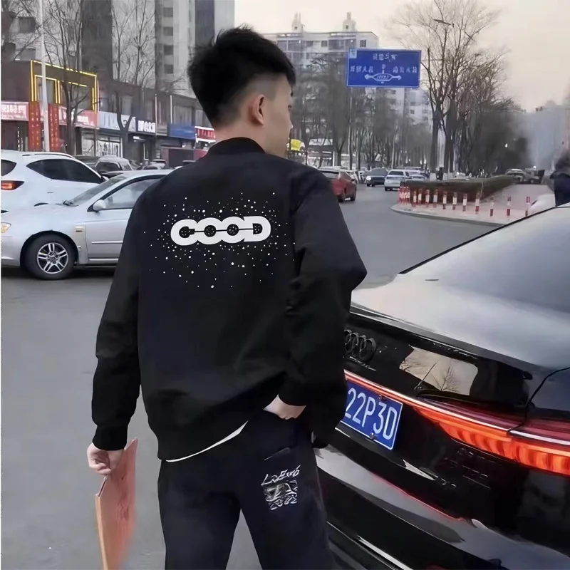 

Новая весенне-осенняя мужская бейсбольная куртка с буквенным принтом и стразами, модная, универсальная, с воротником-стойкой, верхняя одежда