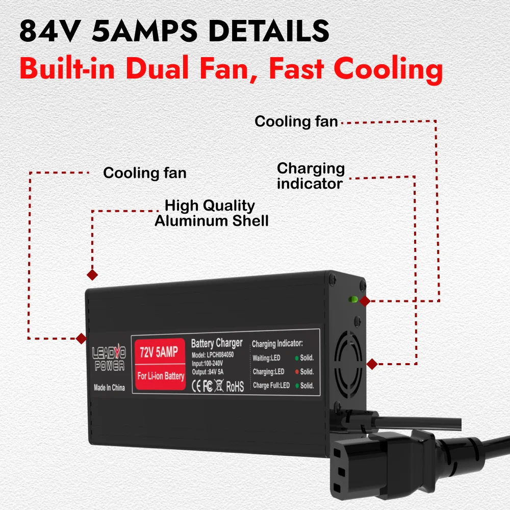 84V 5A Battery Charger 20S 72V Lithium ion battery For ebike Electric Motorcycle With IEC Charger Port