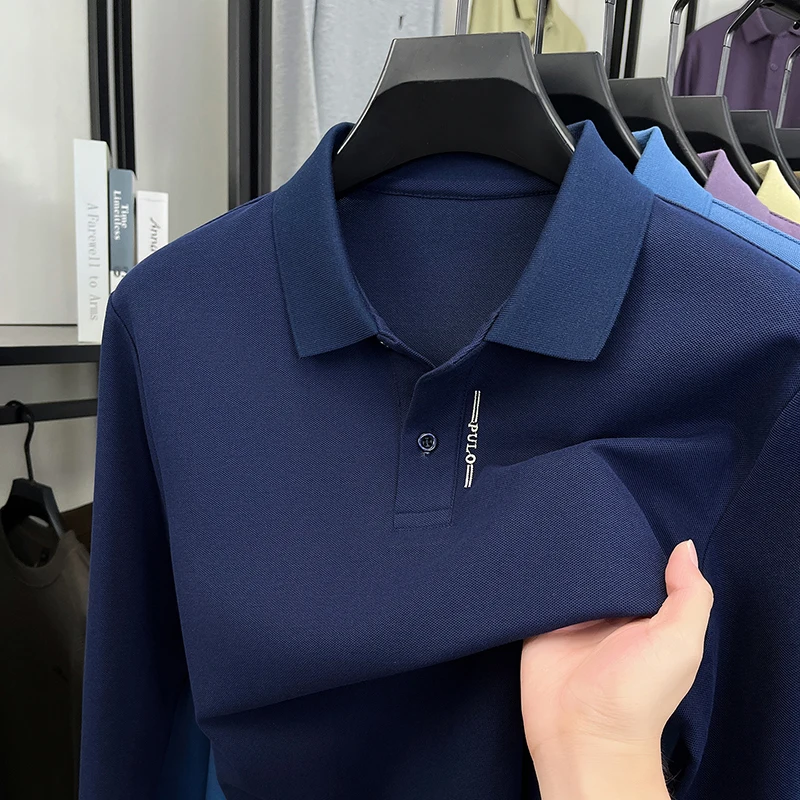 

High End Luxury Men's Polo Shirt Lapel Long Sleeve T-Shirt Autumn New Solid Color Embroid Fashion Business Casual Menswear Top