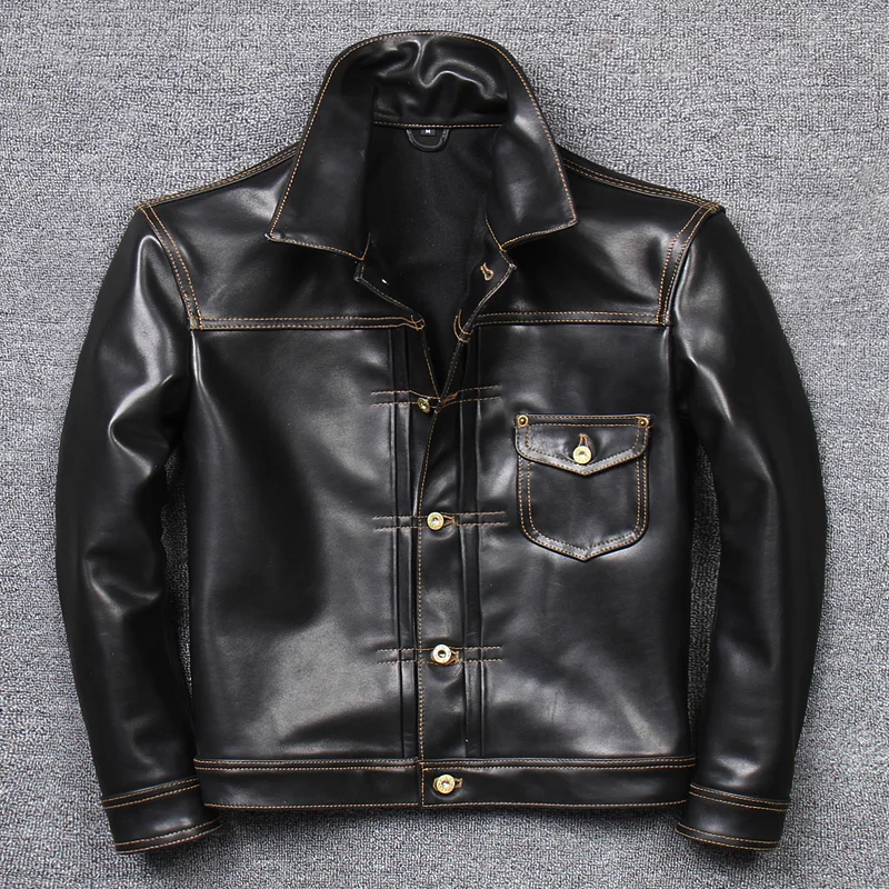 

2025 Short Men's Biker Jacket in Top-Grain Horsehide, Model 506, Vintage Vegetable-Tanned and Waxed Denim-Style Leather Jacket