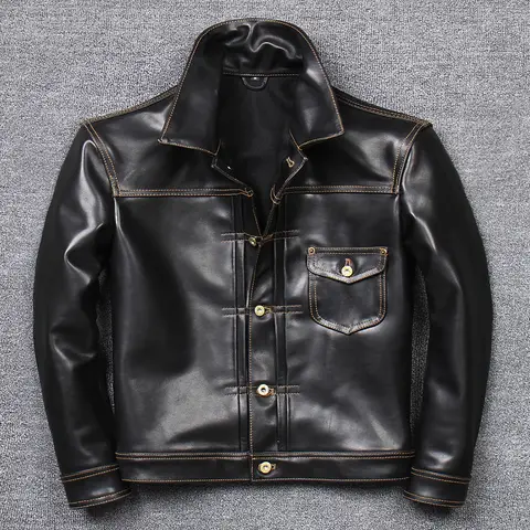 Giacca da motociclista corta da uomo 2025 in pelle di cavallo di prima scelta, modello 506, giacca in pelle stile denim vintage conciata al vegetale e cerata