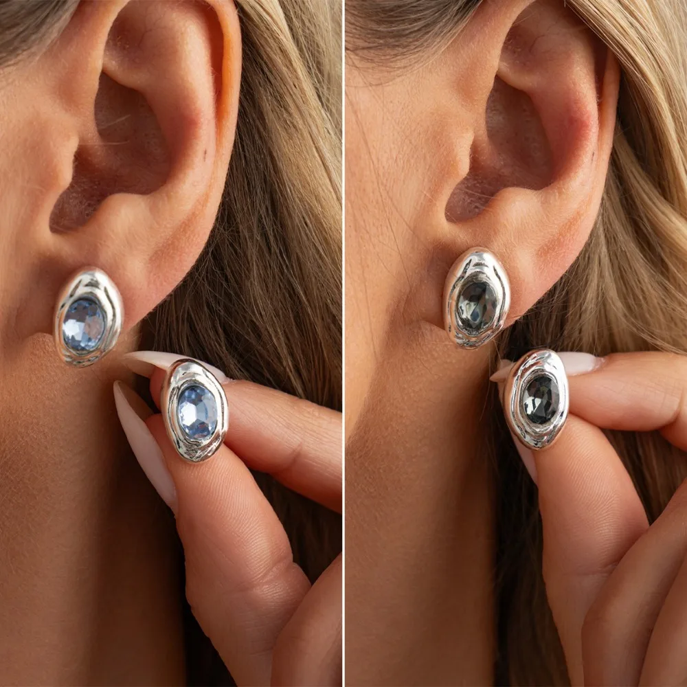 Luxury Fashion Irregular Geometric Metal Pleated Texture Oval Blue Imitation Gemstone Stud Earrings for Women Party Jewelry Gift