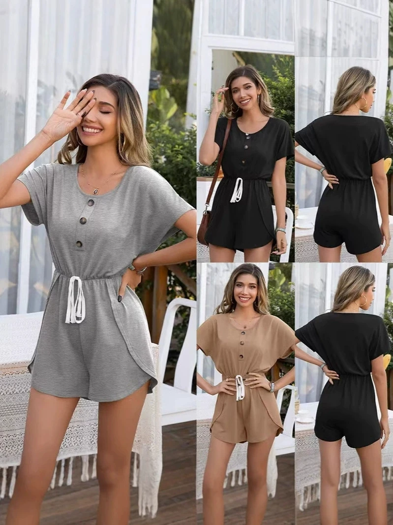 

Women's New Sporty Crew Neck Casual Short-Sleeve Jumpsuit Set - Adjustable Drawstring Tie & Breathable Fabric