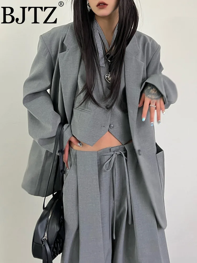 

BJTZ Fashionable Relaxed Old-fashioned Style Wide Shoulder Silhouette Loose Fitting Blazer Jacket Vest Wide Leg Suit Pants
