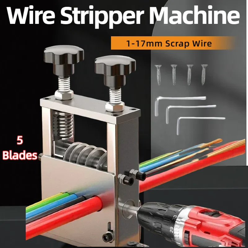 

Wire Stripping Machine with 6 Channels & 5 Blades for 1 to 17mm Scrap, Compatible with manual and electric drills