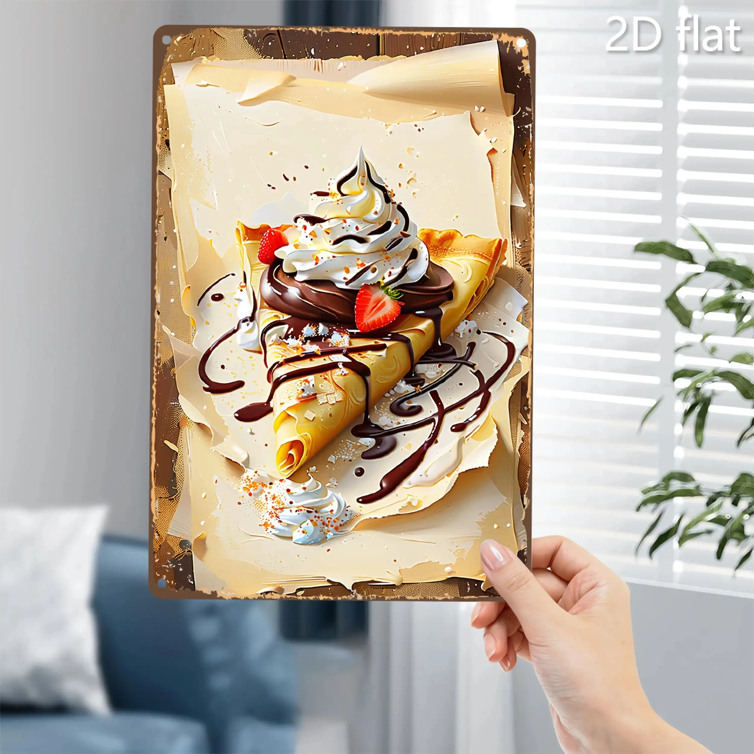 2D Flat - Vintage Tin Wall Art Featuring a Chocolate Strawberry Ice Crepe Design with Whipped Cream And Sprinkles