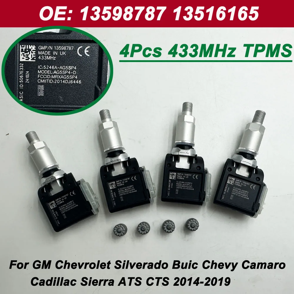 4Pcs Tire Pressure Sensor 433Mhz TPMS 13598787 13516165 13589602 13540598 For GM Chevrolet Camaro Buick Cascada Cadillac ATS CTS