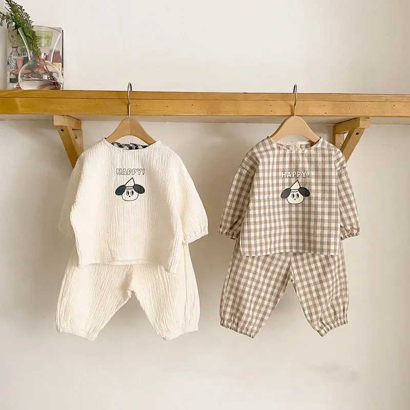 2022 New Baby Cotton Linen Clothes Set Plaid Cartoon Tops + Pants 2pcs Boy Girls Outfit