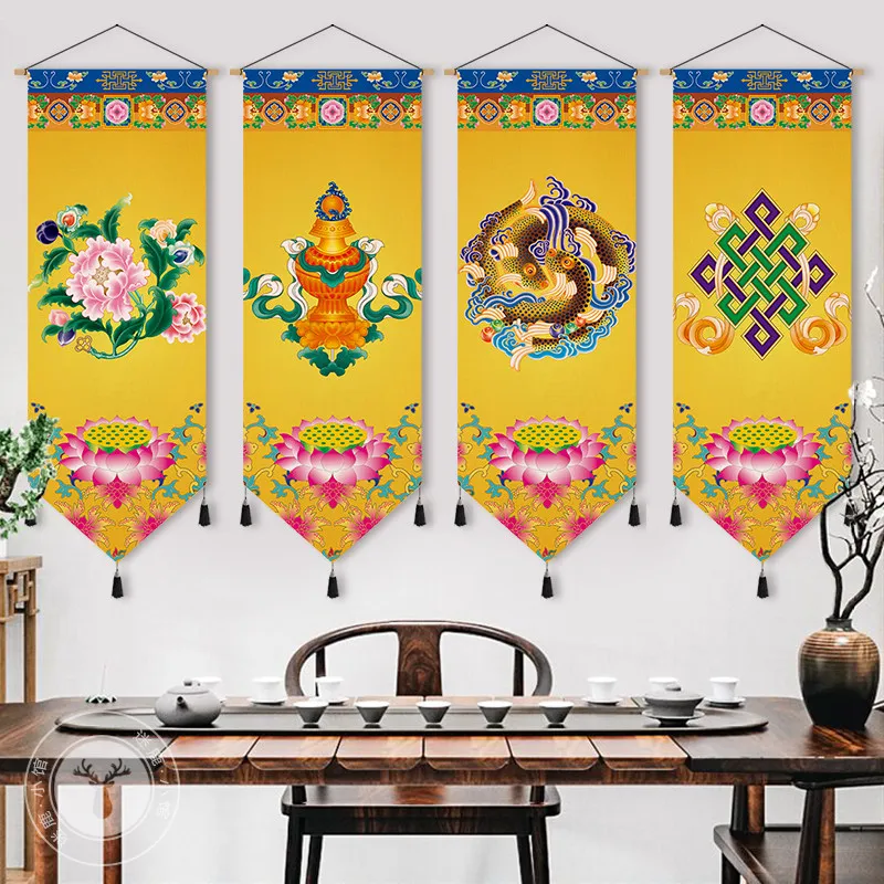 Tibetan Eight‑Auspicious Symbol Fabric Wall Tapestry Eight‑Treasures Hanging Cloth for Tibetan‑Themed Hotel Home Wall Decor