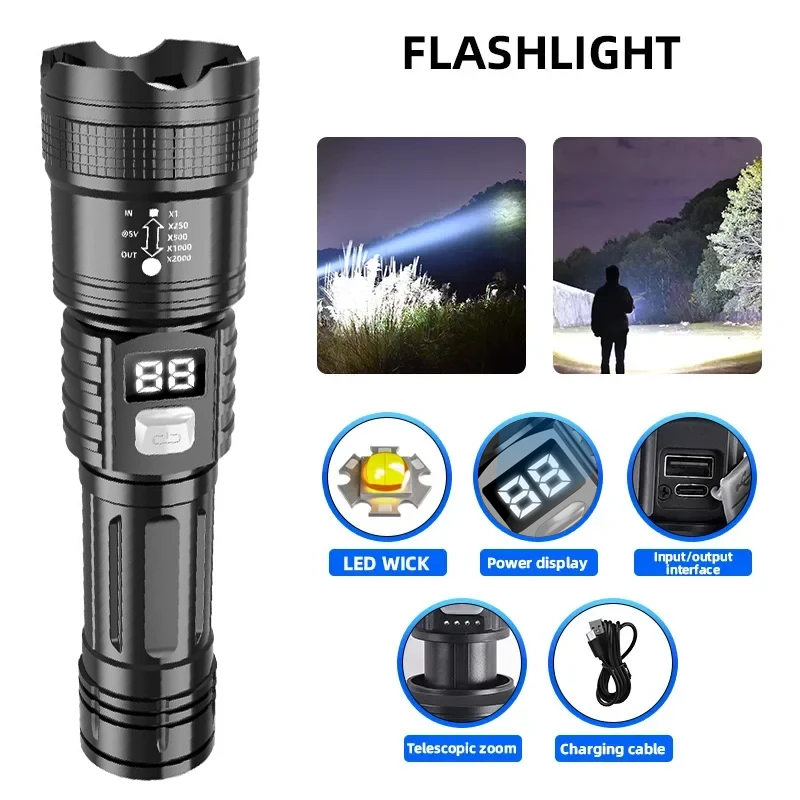 Powerful LED Flashlight High Power Tactical Light Power Display USB Rechargeable Light Telescopic Zoom Torch Camping Lantern