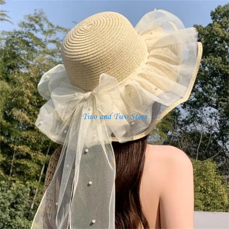 

HX6F Women Paper Straw Sun Hat Lace Bowknot Ruffle Trimmed Design Outdoor Headwear
