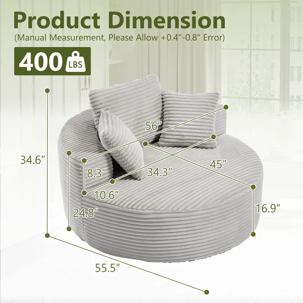 56-дюймовый круглый стул большого размера, шезлонг для дома, современный вельветовый стул с мягкой обивкой и глубоким сиденьем, удобный пушистый рукав