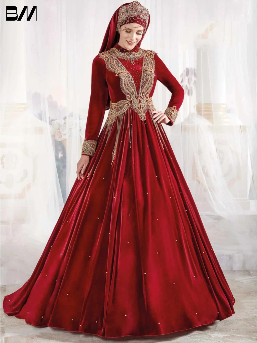 Rote muslimische High Neck Abendkleider Perlen Quaste Applikationen Brautkleid Party boden lange Brautkleider Vestidos de Novia