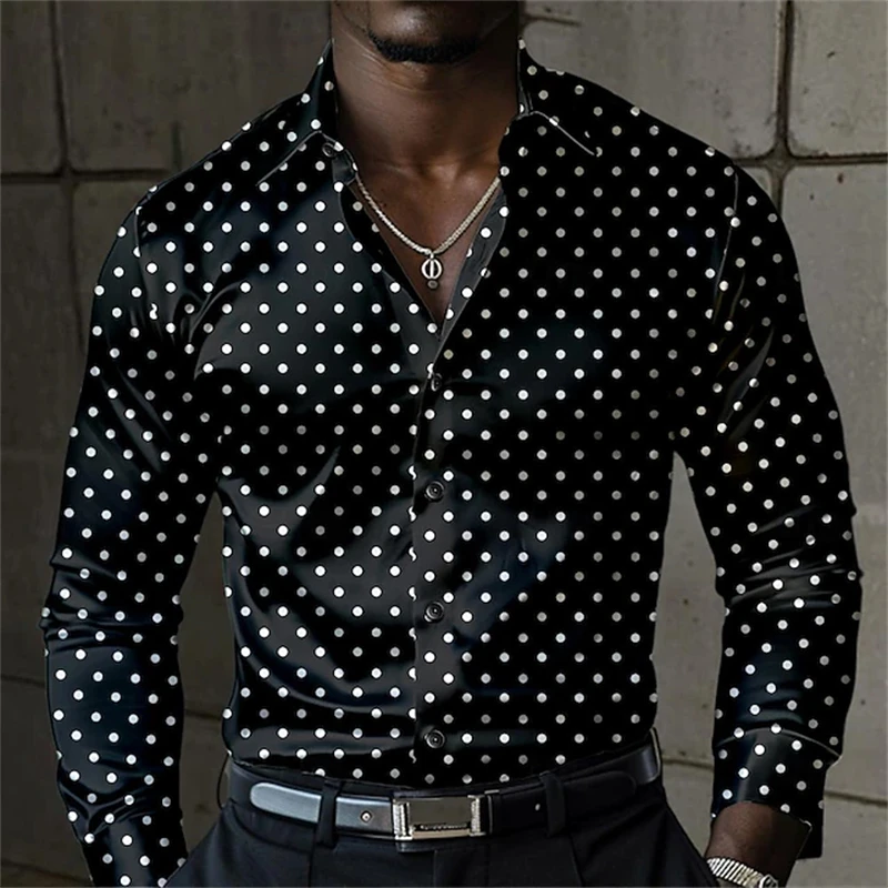 

2026 Fashion Men's Elegant Shirt Spotted 3D Printed Lapel Button Up Classic Long Sleeve Shirt Temperament Men's Partywear