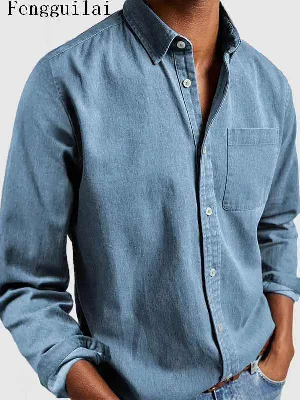 Men Long Sleeve Denim Shirt Classic Lapel Single Pocket Button Down Casual Light Blue Washed Cowboy Shirt