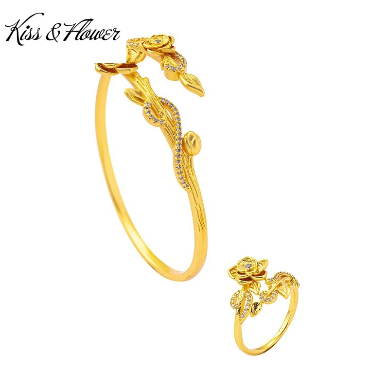 

KISS&FLOWER Gold Flower Rose Luxury Bangles Bracelets For Women Wedding Party Birthday Christmas Bride Mother Girl Gifts BT5379