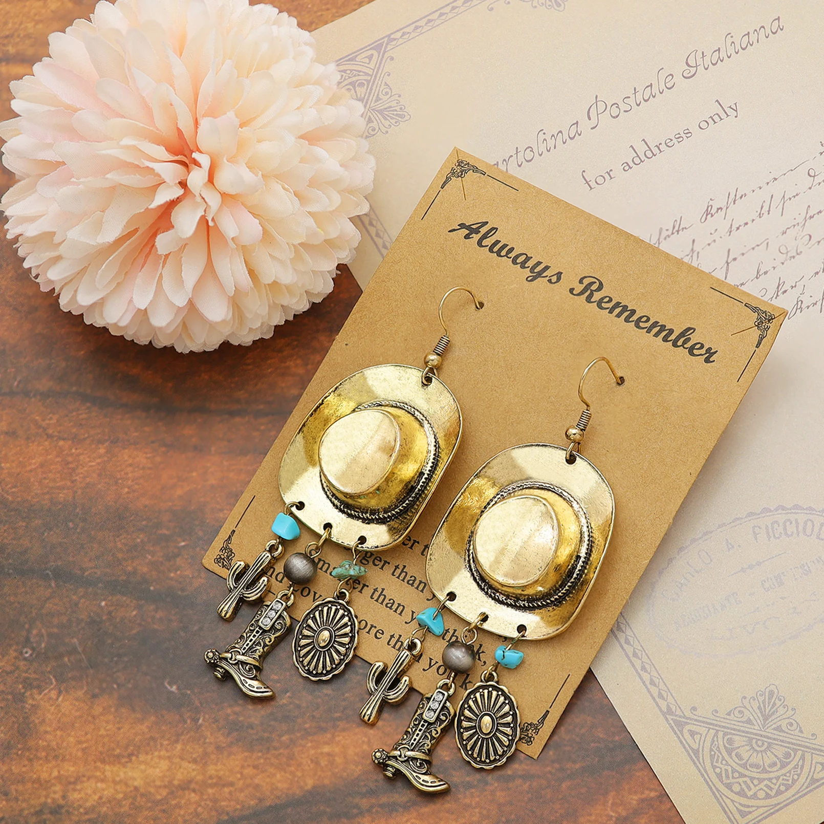 Vintage Creative Cowboy Hat Drop Dangle Earrings For Women Boots Cactus Pendant Earrrings Funny Western Cowgirl Ear Jewelry Gift