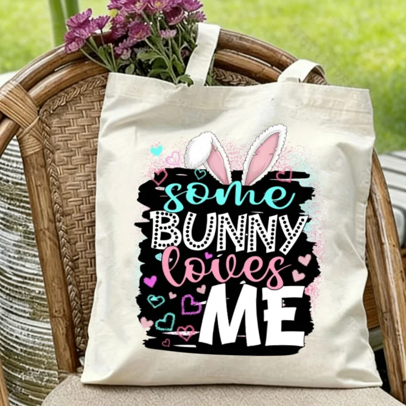 

1pc Some Bunny Loves Me Canvas Tote Bag Double Sided Print Cute Bunny Ear Casual Shopping Shoulder Handbag